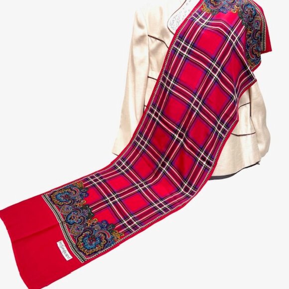 Yves Saint Laurent Accessories - Beautiful Yves Saint Laurent YSL Silk Satin Scarf 60"x15" Red Green Fringe (22